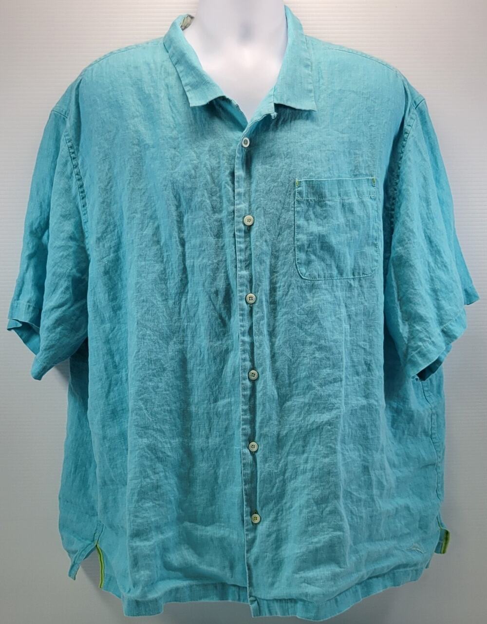 A) Tommy Bahama Men Button Down Aqua Teal Linen Hawaiian Shirt 2XLB